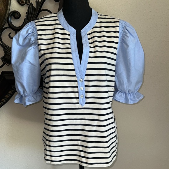 Veronica Beard Women’s Raegan Mixed-Media Top Puffed Ruffle Short Sleeves V-Neck - Picture 4 of 16